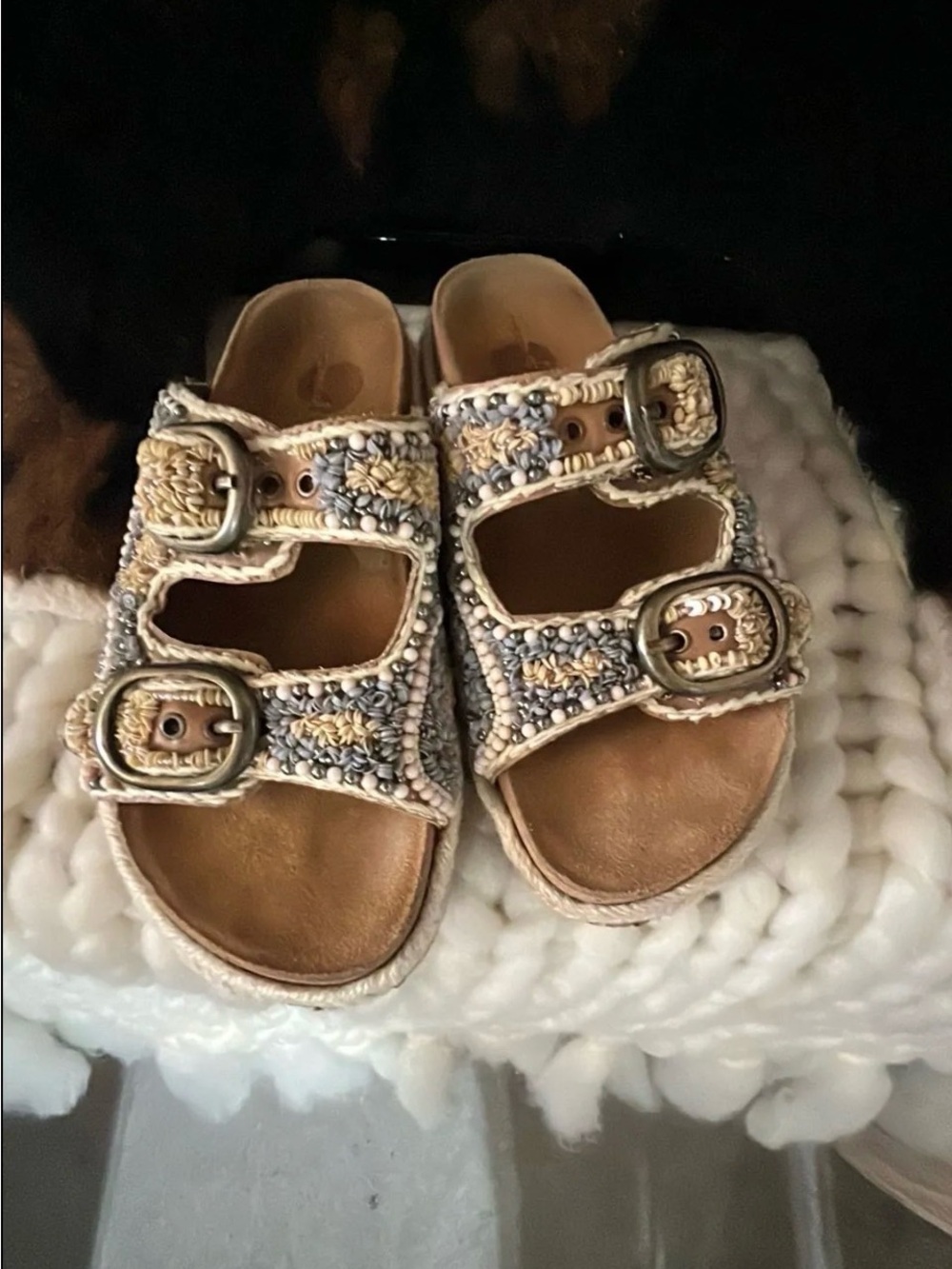 House of Harlow 1960 Beaded Tan and Cream Double Buckle Sandals